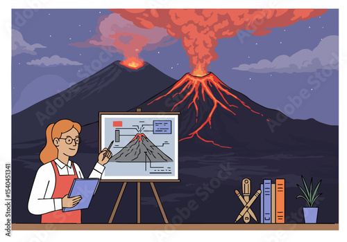 A female scientist teaches volcano eruption science with a diagram. Dramatic volcanic landscape forms a stunning backdrop. Professional, educational, and visually engaging.