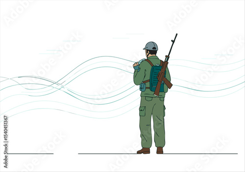 A silhouetted soldier stands guard, conveying strength and resilience. Minimalist design with a wave background. Suitable for themes of security, protection, and determination.