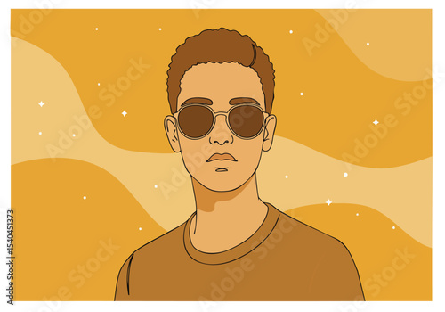 A stylish young man gazes confidently with sunglasses. He wears a casual shirt against a vibrant, swirling space background. Modern illustration.