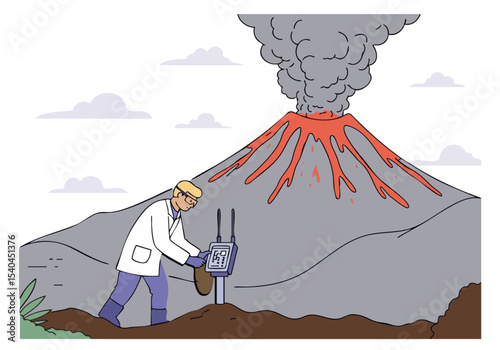 A scientist monitors a volcano with a device, showcasing geological activity. Dramatic, colorful, and informative illustration. Suitable for science, nature, and emergency themes.