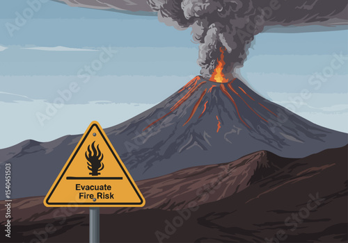 Volcanic eruption dominates the scene, with a warning sign indicating evacuation and fire risk. Dramatic, fiery landscape creates a powerful visual.