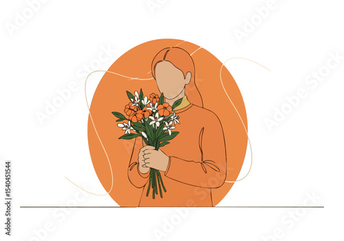 woman holds a bouquet of orange flowers presented in a modern minimalist style Soft colors and a clean line art illustration evoke a sense of beauty and fragrance