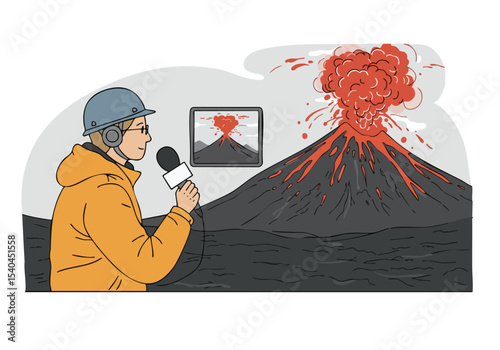 A volcanologist reports live from a volcanic eruption, capturing the dramatic scene on a tablet. Intense heat and a powerful eruption dominate the background.