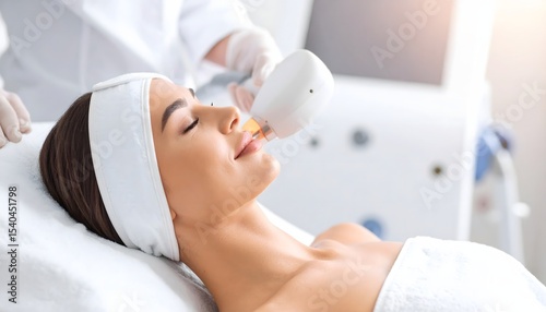 A clear image of a woman with a headband receiving a focused cosmetic or medical laser treatment on her face while lying down, highlighting advanced skincare in a bright, professional clinical setting