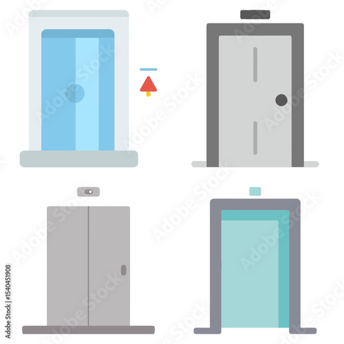 Four lift elevator designs are shown, featuring different styles and colors. Each design includes distinctive doors and buttons, emphasizing modern aesthetics suitable for various settings.