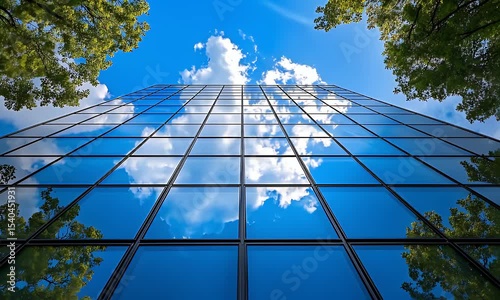 Mirrored Building Reflecting Sky and Clouds Framed by Green Tree Foliage in Low Angle Perspective Under Sunlight