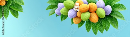 Vibrant handmade fruit arrangement studio graphic design bright background top-down view creative concept