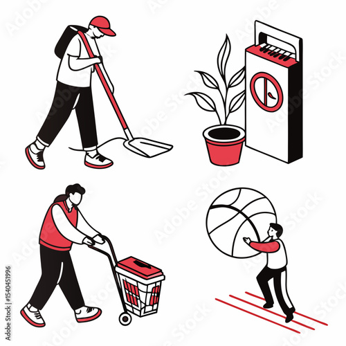 Diverse people engaging in everyday activities shopping cleaning sports