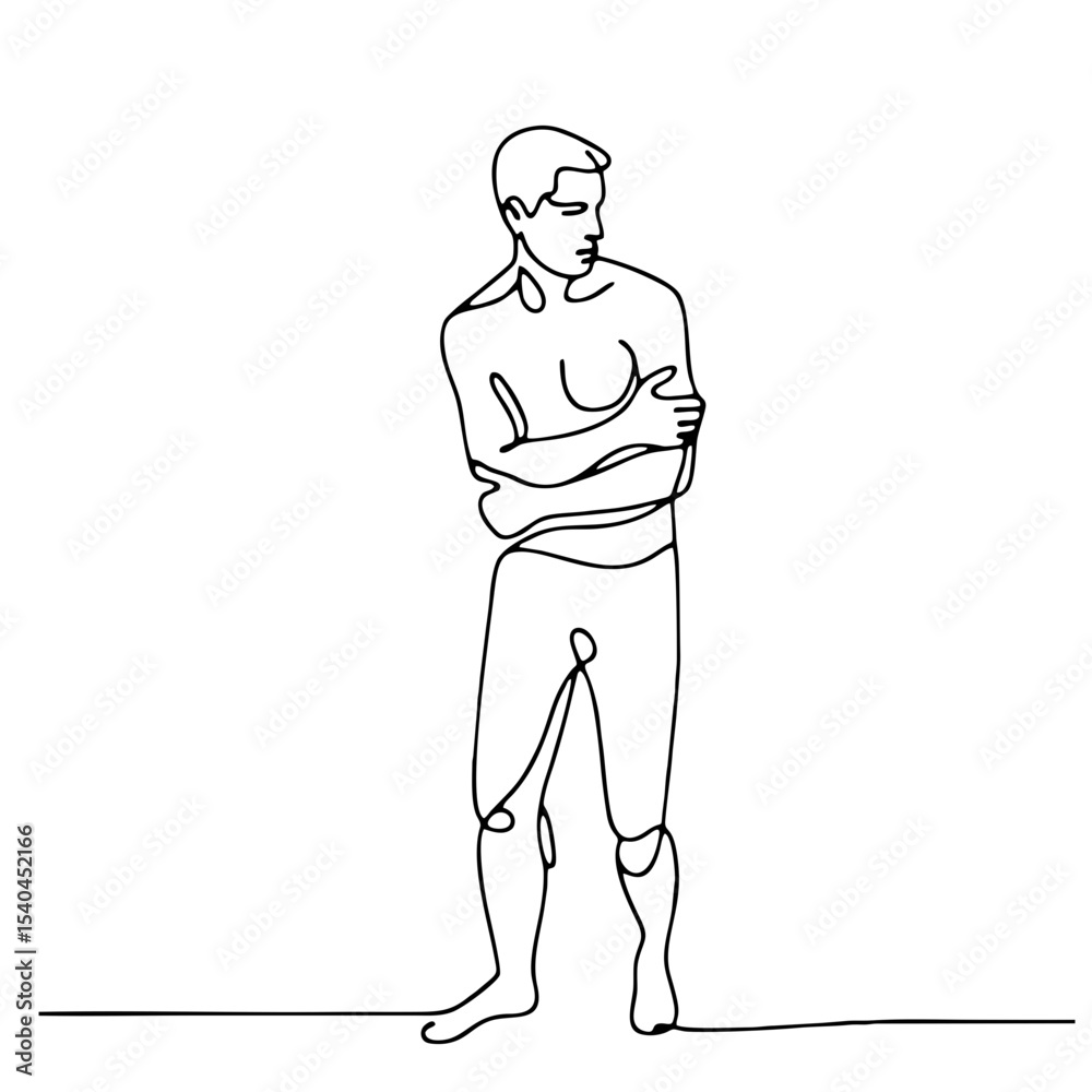 Fototapeta premium Suspicion: man in theatrical doubtful pose as minimalist single-line black drawing — emotional silhouette artwork. One line art.