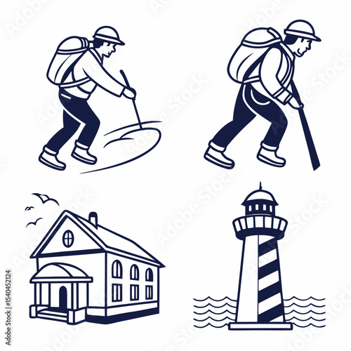 Hikers with backpacks and trekking poles coastal house lighthouse illustration