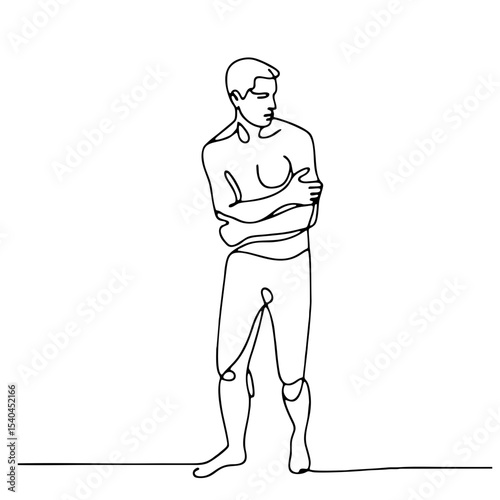 Suspicion: man in theatrical doubtful pose as minimalist single-line black drawing — emotional silhouette artwork. One line art.