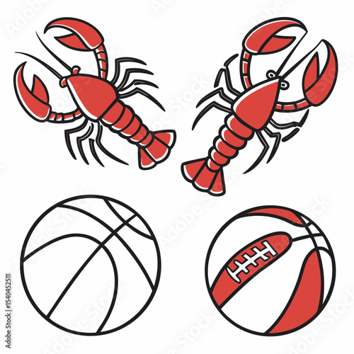 Red lobsters and sports balls illustration design