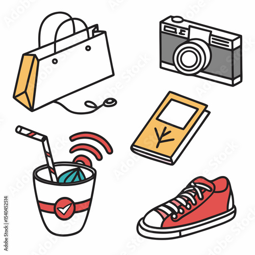 Trendy travel essentials shopping bag camera drink shoes book