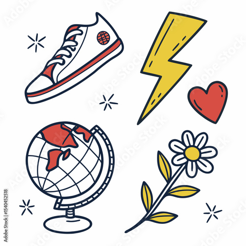 Cute doodle illustration travel adventure sneakers globe flower heart lightning bolt