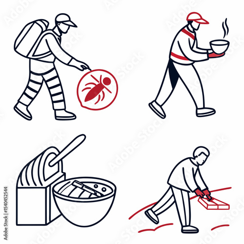 Diverse workers performing various tasks line art illustration