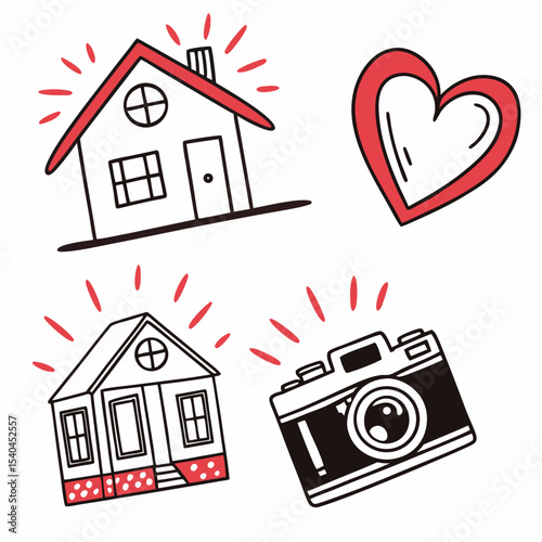 Cute hand drawn house heart camera illustration home sweet home