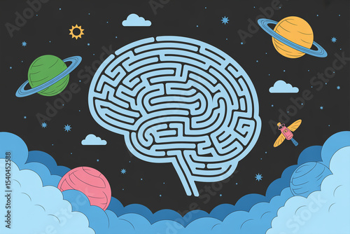 Cartoon illustration of a brain maze in space with planets clouds and a small spaceship design