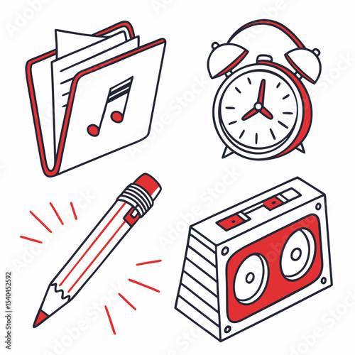 Back to school supplies music notes alarm clock pencil cassette tape