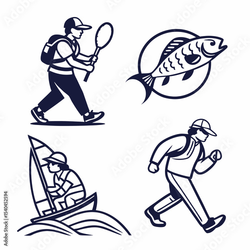 Active lifestyle icons set hiking sailing fishing sports recreation