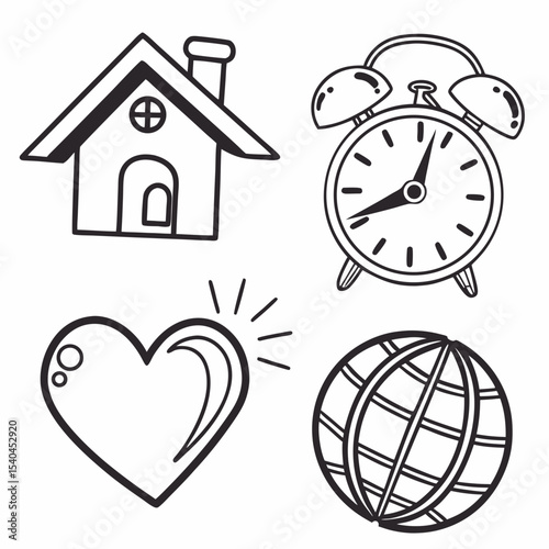 Home sweet home alarm clock heart globe icon set