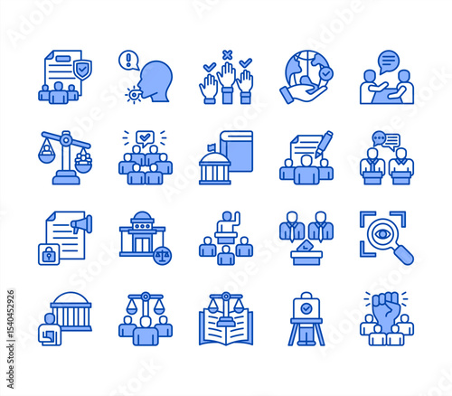 Democracy icon collection set with Elections, Representation, Human rights, Freedom, Transparency, Participation, Constitution