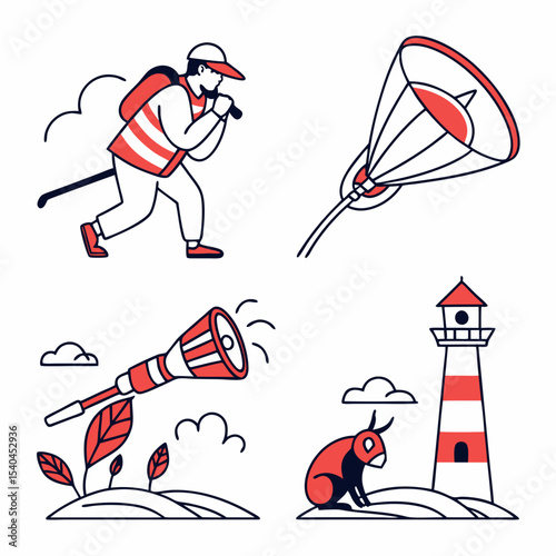 Coastal safety icons lifeguard lighthouse parachute megaphone