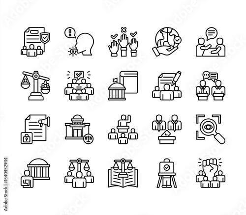 Democracy icon collection set with Elections, Representation, Human rights, Freedom, Transparency, Participation, Constitution