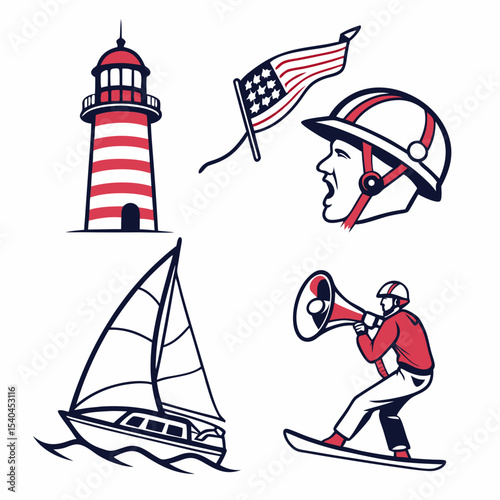 Nautical and patriotic american icons lighthouse sailboat flag