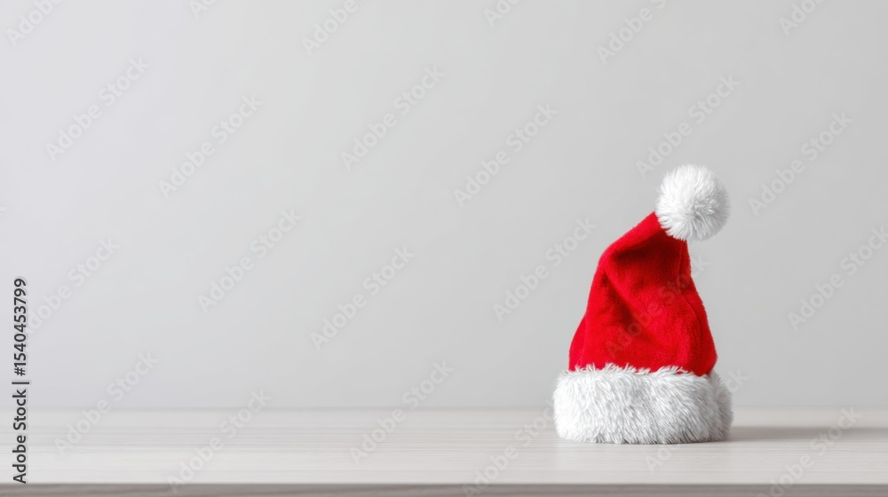 Fototapeta premium Classic Santa-style hat with red fabric, white fluffy trim, and pom-pom on a light-colored smooth surface against a plain gray background.