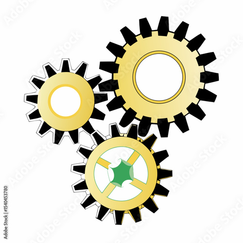 A close-up of golden gears and cogs, with intricate details and sharp edges. The background is black to highlight the metallic texture and reflective surfaces. There's an emphasis on light reflections