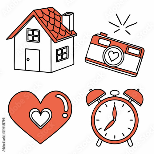 Cute house heart camera alarm clock doodle illustration