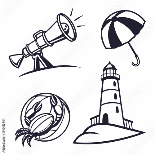 Professional vector icons set telescope umbrella crab lighthouse isolated on white