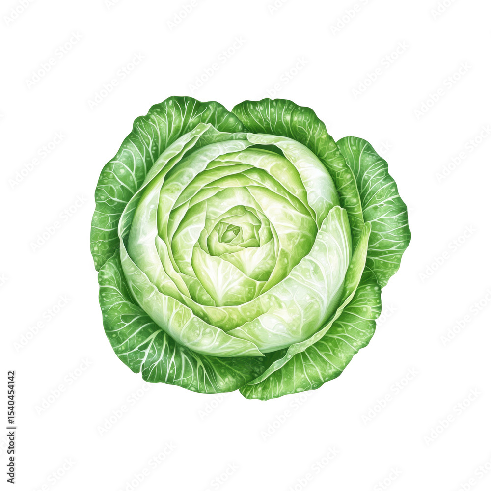 Fototapeta premium Watercolor Painting of a Fresh, Green Cabbage Head