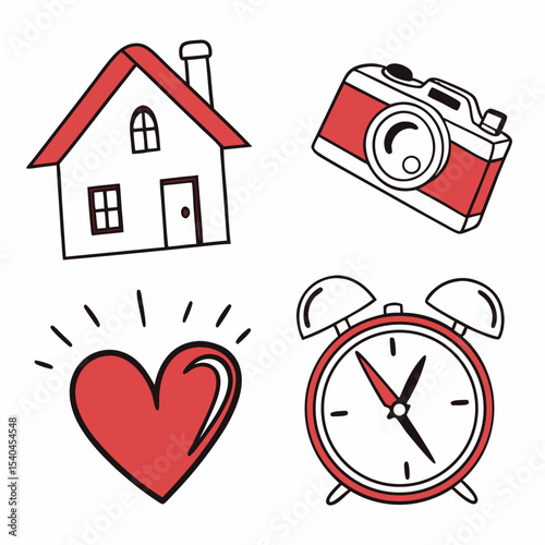 Cute hand drawn home sweet home alarm clock camera heart illustration