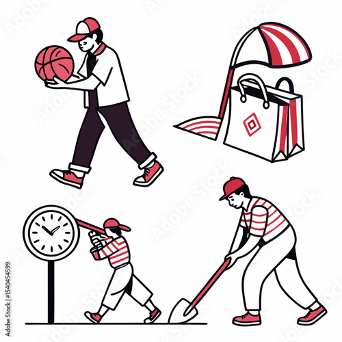 Diverse people daily activities line art illustration