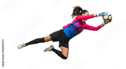 Pro female soccer goalie dive mid-air to catch a ball on white back ground