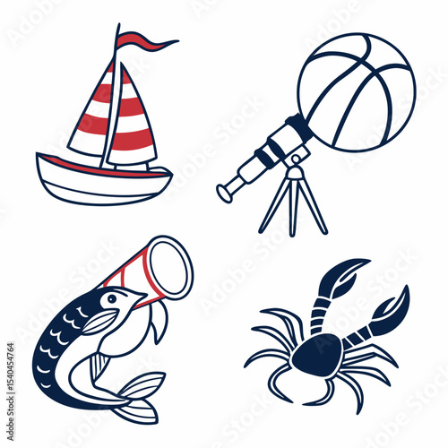 Nautical theme clipart set sailboat basketball telescope fish crab