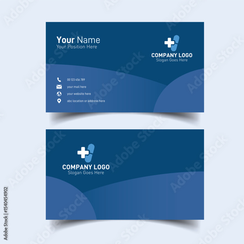 Clinic business card design template for medical centers and private practices in blue color