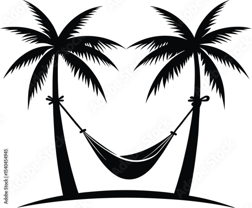 Silhouette of tropical palm trees and hammock by the beach during summer vacation