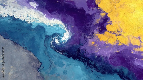 Aerial view of vibrant ocean waves swirling with rich purple and yellow hues, showcasing nature's artistry