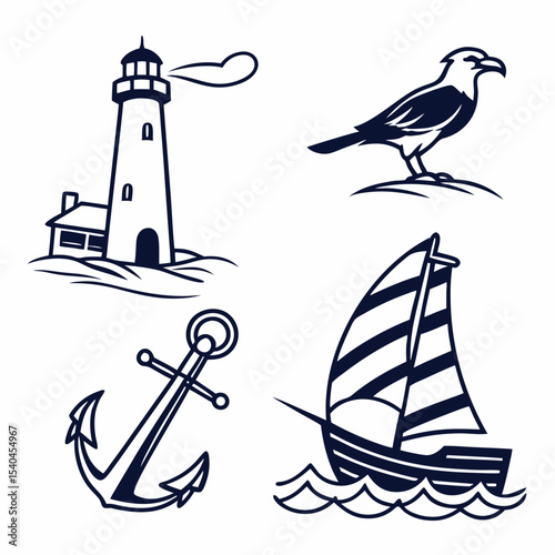 Nautical icons lighthouse anchor sailboat seabird