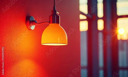 Orange Lamp Illuminates a Red Wall Against a Sunset Window View with Evening Golden Glow