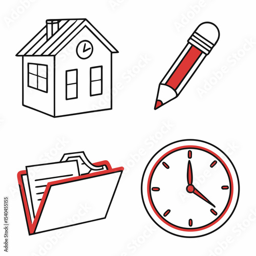 School building pencil folder clock time management education learning study