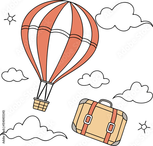 A charming hot air balloon and suitcase design perfect for travel branding logos and whimsical website graphics