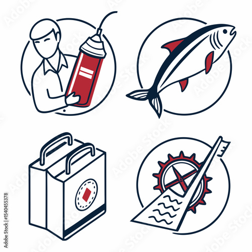 Man holding spray can fish shopping bag compass nautical icons