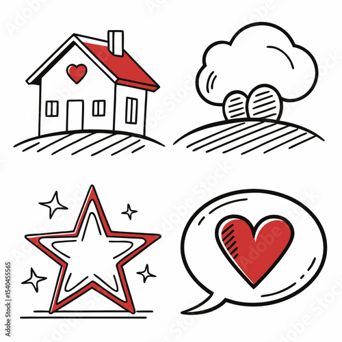 Cute hand drawn home sweet home love icons set
