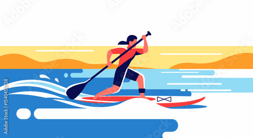 Woman Paddling Stand Up Paddle Board on Ocean Water