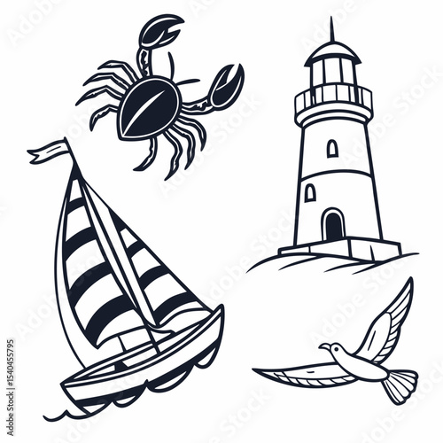 Nautical themed illustration sailboat lighthouse crab seagull