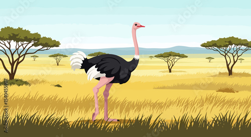 Ostrich in the African Savannah Landscape Illustration