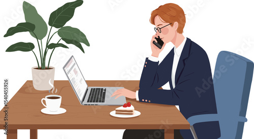 Professional Man Working at Desk, Talking on Phone, with Laptop, Coffee, and Cake, in a Cozy Office Setting flat vector illustration